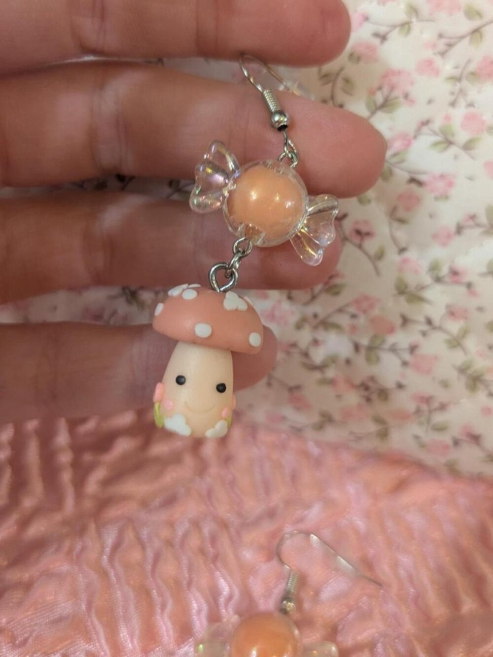 handmade pink candy and mushroom cute whimsical dangle earrings